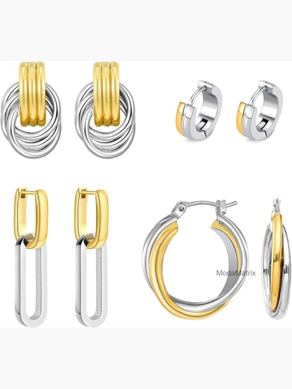 Two Tone Drop Dangle Earrings Set - 4 Pairs Gold Silver Hoops